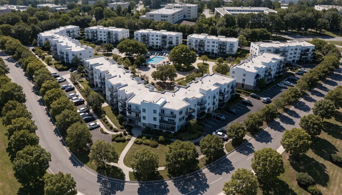 Apartment community seen from above at dusk.