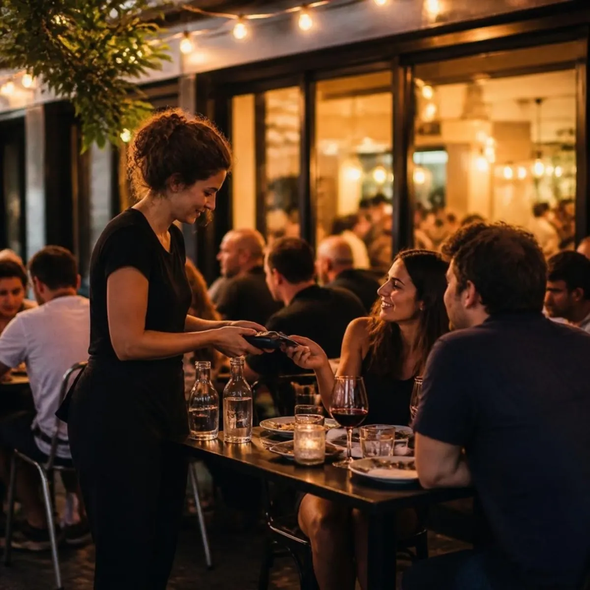 Server holding a card terminal at a restaurant patio table at dusk.