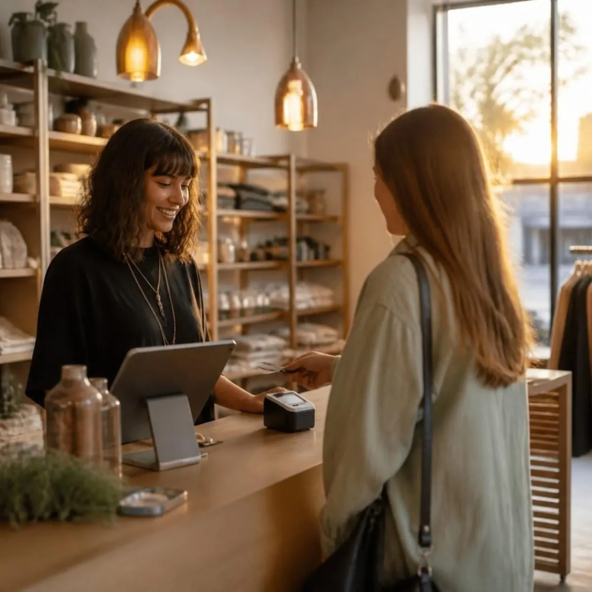 Shop owner helping a customer pay at a boutique counter.